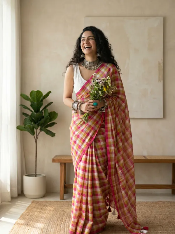Red_Linen_Cotton_Saree_For_Women
