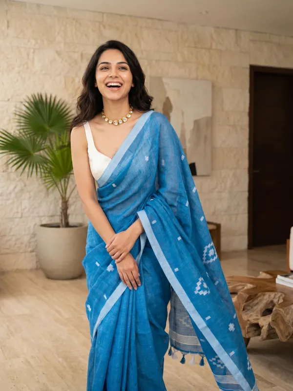 Blue_Premium_Linen_Cotton_Saree_For_Women