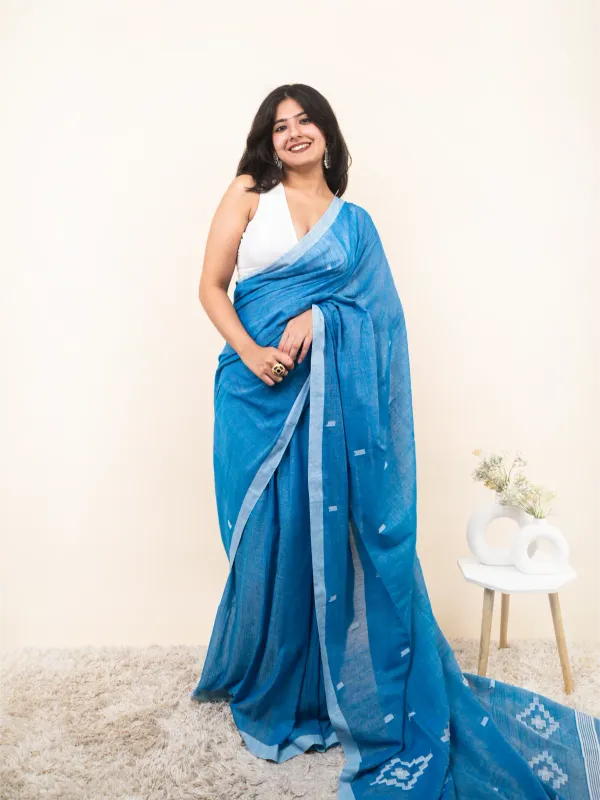 Blue_Premium_Linen_Cotton_Saree_For_Women
