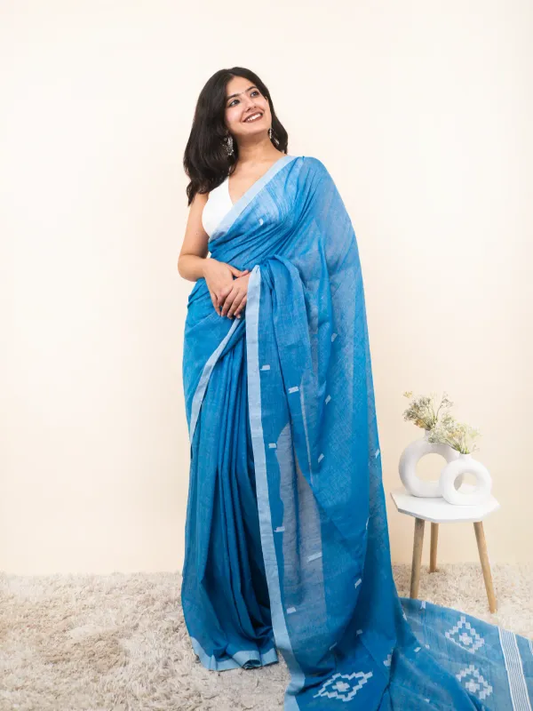 Blue_Premium_Linen_Cotton_Saree_For_Women