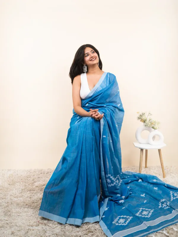 Blue_Premium_Linen_Cotton_Saree_For_Women