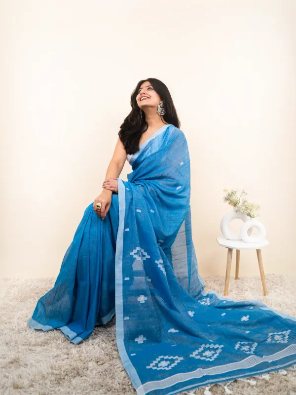 Blue_Premium_Linen_Cotton_Saree_For_Women