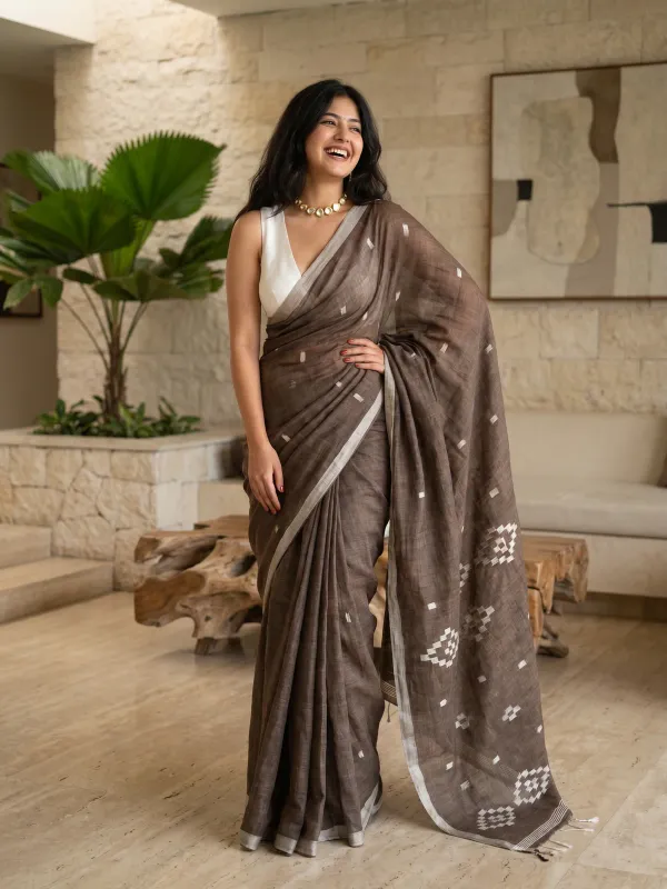 Brown_Premium_Linen_Cotton_Saree_For_Women