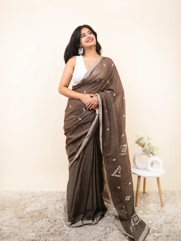 Brown_Premium_Linen_Cotton_Saree_For_Women