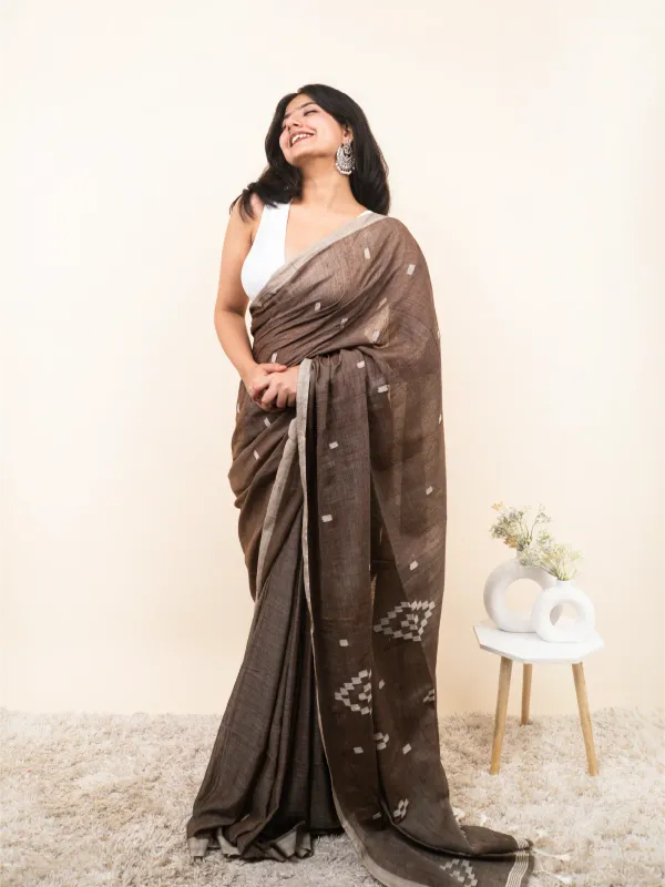 Brown_Premium_Linen_Cotton_Saree_For_Women