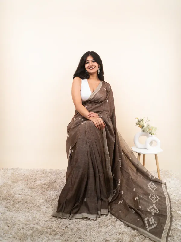Brown_Premium_Linen_Cotton_Saree_For_Women