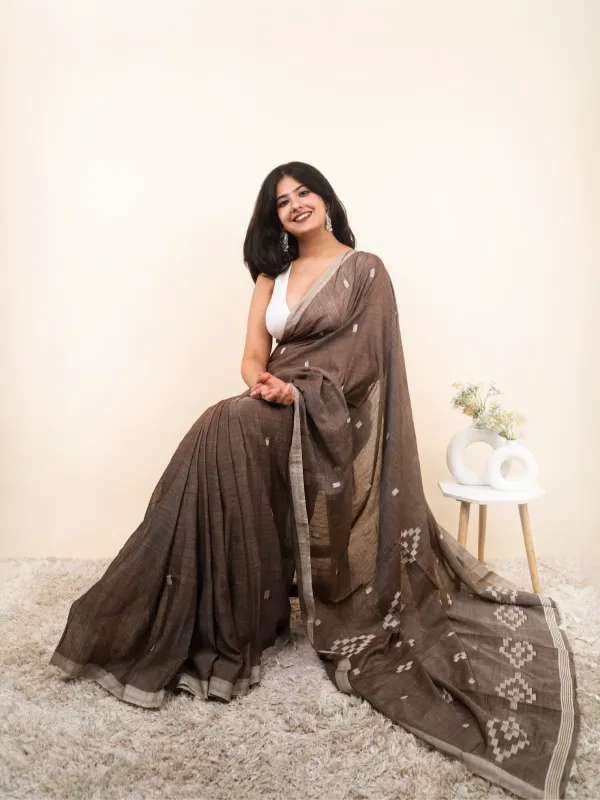 Brown_Premium_Linen_Cotton_Saree_For_Women