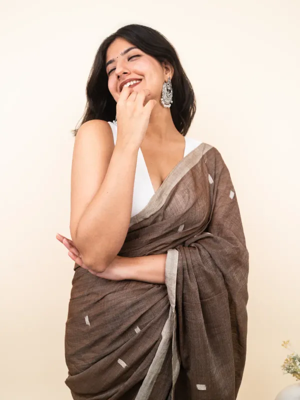 Brown_Premium_Linen_Cotton_Saree_For_Women