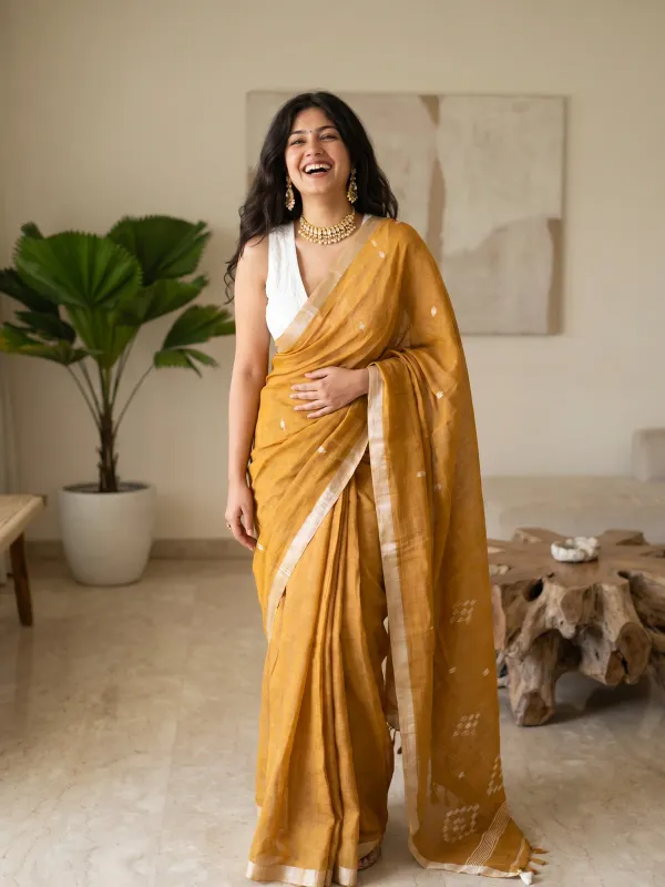 Orange_Premium_Linen_Cotton_Saree_For_Women