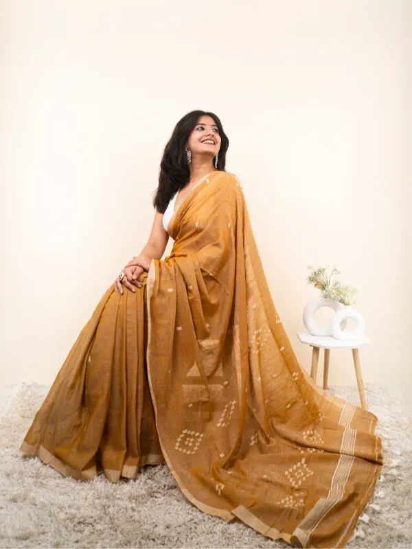 Orange_Premium_Linen_Cotton_Saree_For_Women