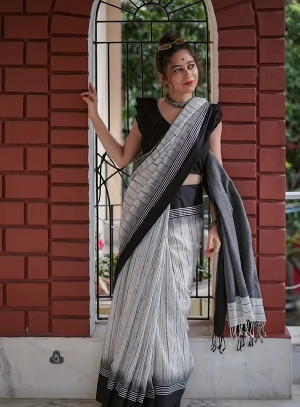 White_Premium_Linen_Cotton_Saree_For_Women