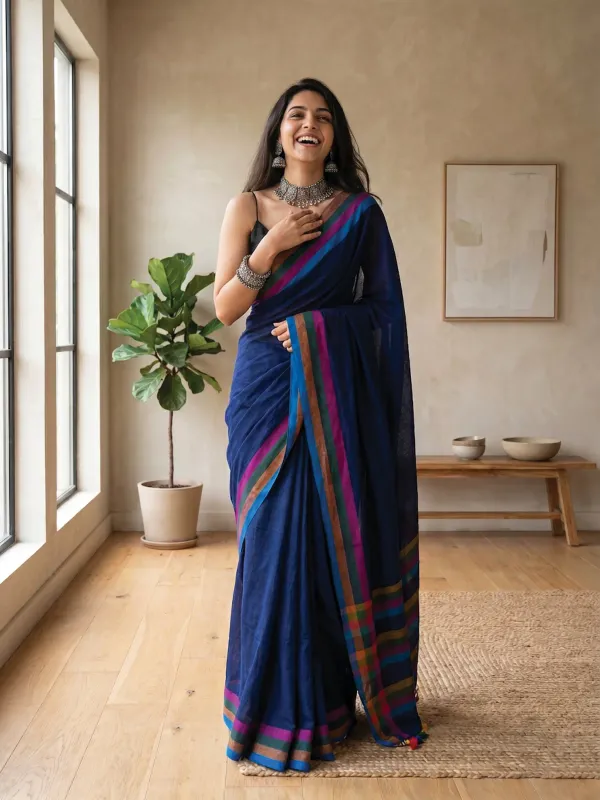 Blue_Premium_Linen_Cotton_Saree_For_Women