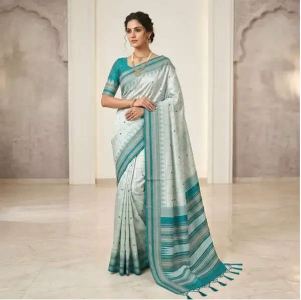 Blue_Litchi_Silk_Jacquard_Border_Saree_For_Women_&_Off_White_Saree_For_Women