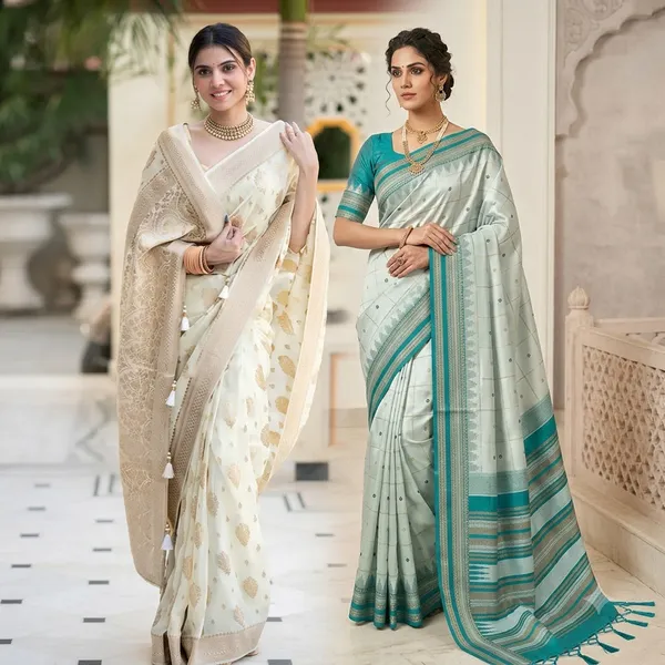 Blue_Litchi_Silk_Jacquard_Border_Saree_For_Women_&_Off_White_Saree_For_Women
