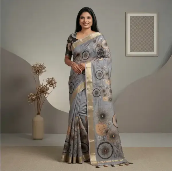 Grey_Linen_Cotton_&_Dark_Green_Silk_Saree_for_Women