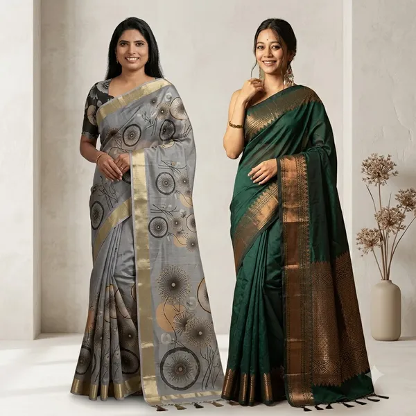 Grey_Linen_Cotton_&_Dark_Green_Silk_Saree_for_Women