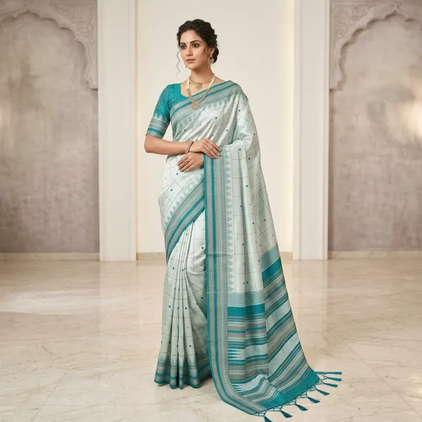 Blue_Litchi_Silk_Jacquard_Border_Saree_For_Women