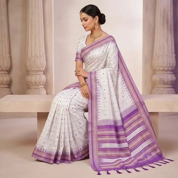 White_Purple_Litchi_Silk_Jacquard_Pallu_Saree_For_Women