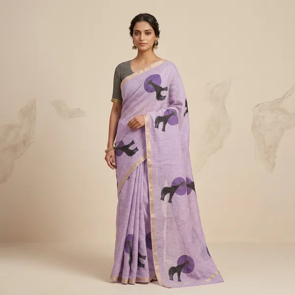 Purple_Linen_Cotton_Giraffe_Print_Gold_Zari_Saree_For_Women