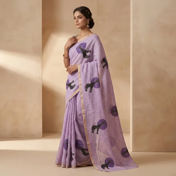 Purple_Linen_Cotton_Giraffe_Print_Gold_Zari_Saree_For_Women