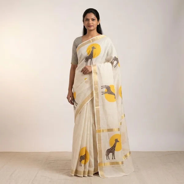 White_Linen_Cotton_Giraffe_Print_Gold_Zari_Saree_For_Women
