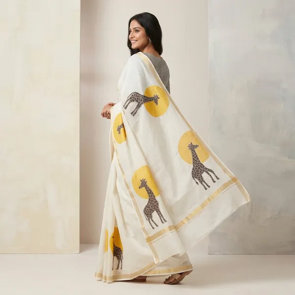 White_Linen_Cotton_Giraffe_Print_Gold_Zari_Saree_For_Women