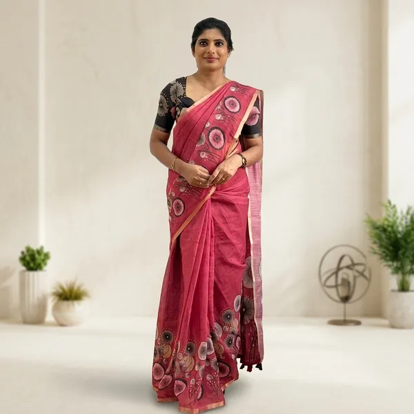 Pink_Linen_Cotton_Digital_Print_Gold_Zari_Saree_For_Women