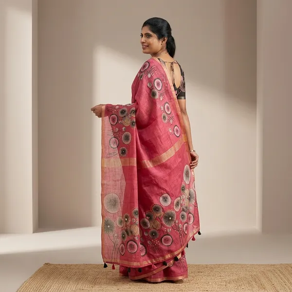 Pink_Linen_Cotton_Digital_Print_Gold_Zari_Saree_For_Women