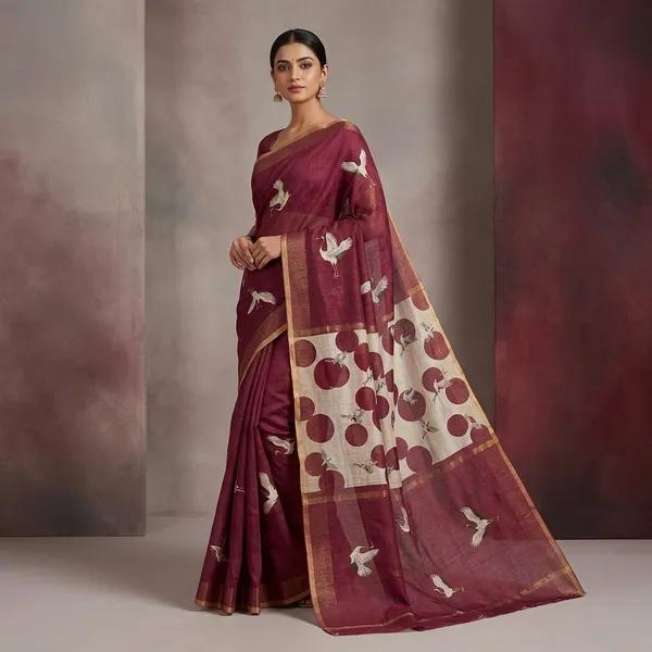 Red_Wine_Linen_Cotton_Crane_Print_Gold_Zari_Saree_For_Women