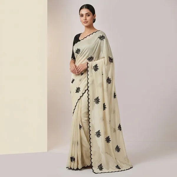 Black_Cream_Star_Georgette_Thread_Sequence_Embroidery_Saree_For_Women