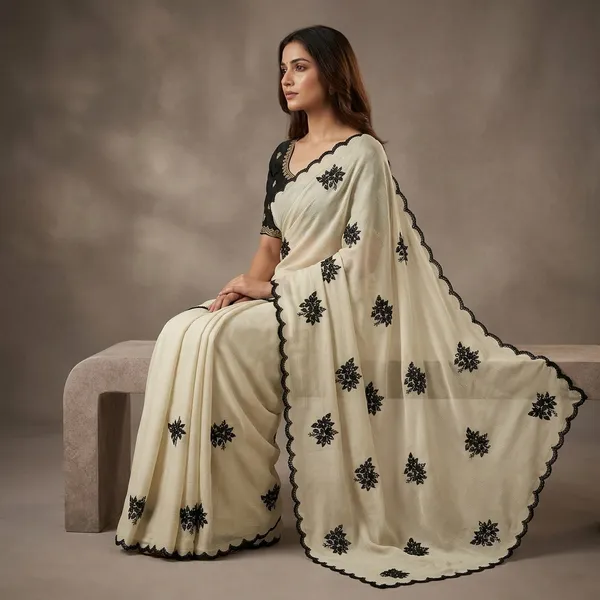 Black_Cream_Star_Georgette_Thread_Sequence_Embroidery_Saree_For_Women
