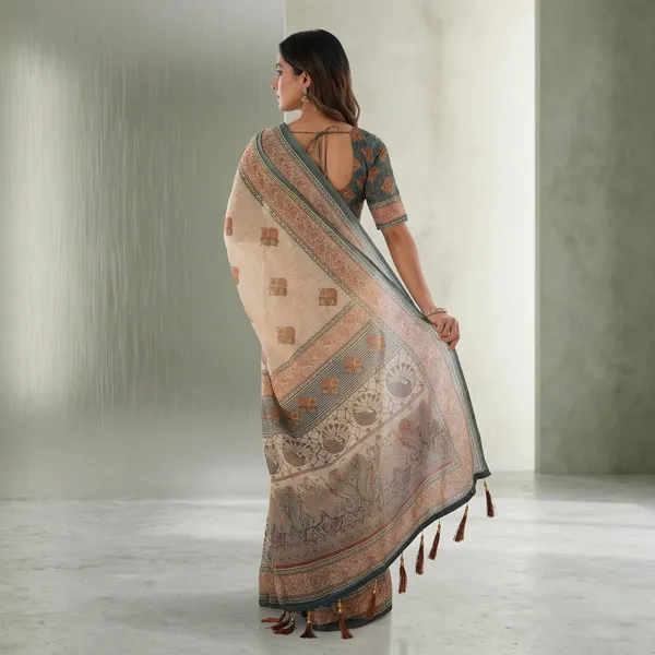 Green_Linen_Cotton_Digital_Print_Saree_For_Women