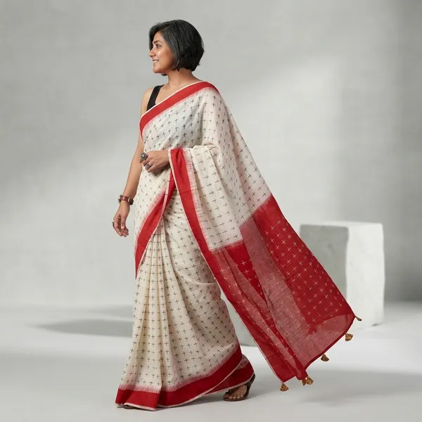 White_Red_Linen_Cotton_Shading_Digital_Print_Saree_For_Women
