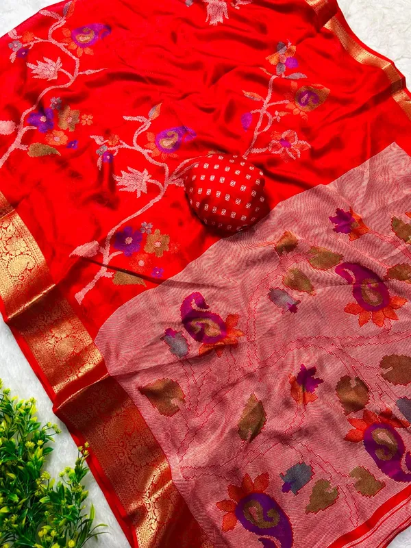 Red_Premium_Marsh_Mellow_Weave_Saree_with_Ajrakh_Kalamkari_Print_and_Gold_Jacquard_Border_for_Women