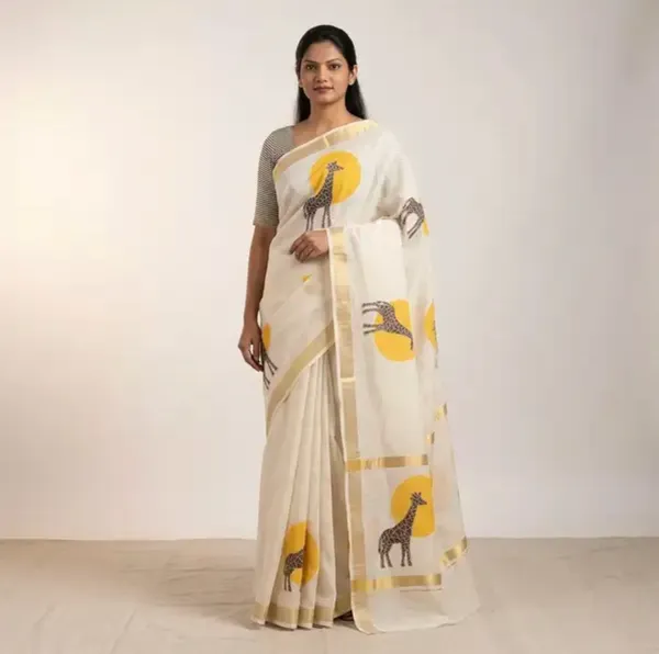 White_Linen_Cotton_Giraffe_Print_&_Purple_Saree_with_Flow_For_Women