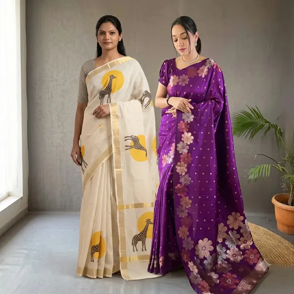 White_Linen_Cotton_Giraffe_Print_&_Purple_Saree_with_Flow_For_Women