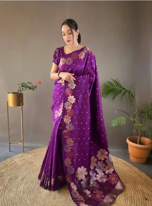 White_Linen_Cotton_Giraffe_Print_&_Purple_Saree_with_Flow_For_Women
