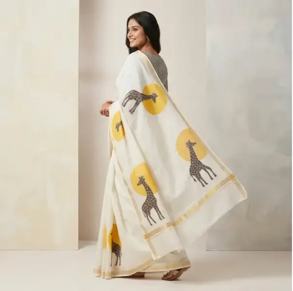 White_Linen_Cotton_Giraffe_Print_&_Purple_Saree_with_Flow_For_Women