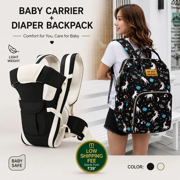 Black_Polyester_Unicorn_Print_Diaper_Bag_Backpack_And_Black_And_Cream_Cotton_Padded_Baby_Carrier_For_Baby_Under_3_Years_Pack_of_2