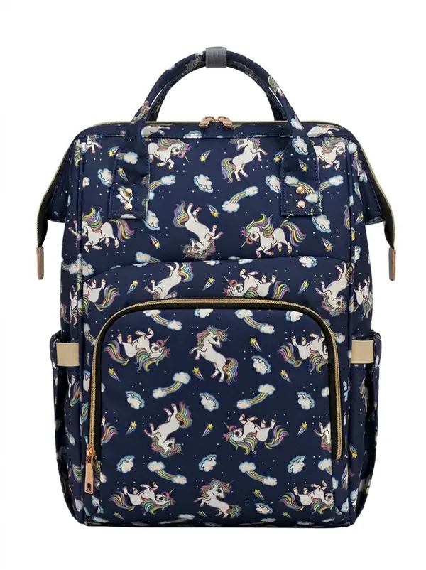Navy_Blue_Polyester_Unicorn_Print_Diaper_Bag_Backpack_For_Baby