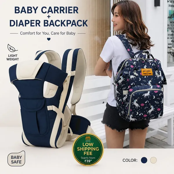 Blue_Polyester_Unicorn_Print_Diaper_Bag_Backpack_And_Cream_And_Navy_Blue_Cotton_4_In_1_Ergonomic_Baby_Carrier_For_Baby_Under_3_Years_Pack_Of_2