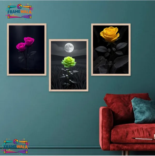 Wooden_Dramatic_Floral_Rose_Framed_Wall_Art_Set_Of_3