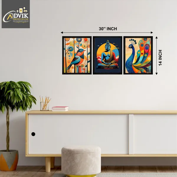 Wooden_Contemporary_Abstract_Buddha_Bird_Framed_Wall_Art_Set_Of_3