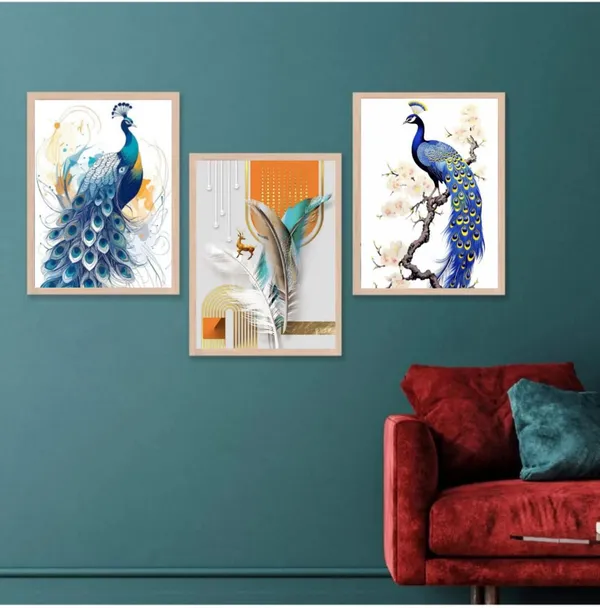 Wooden_Decorative_Peacock_Cherry_Blossom_Framed_Wall_Art_Set_Of_3