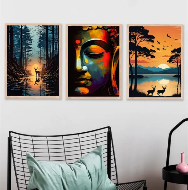 Wooden_Abstract_Buddha_Face_Vibrant_Framed_Wall_Art_Set_Of_3