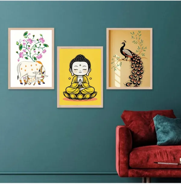 Wooden_Decorative_Buddha_Cow_Peacock_Framed_Wall_Art_Set_Of_3
