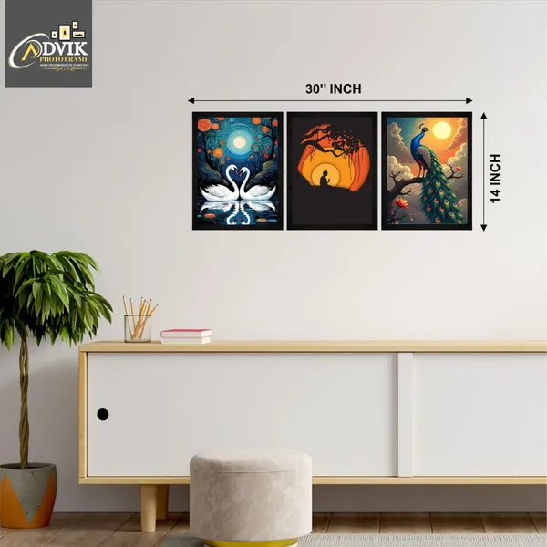 Wooden_Nature_Swan_Peacock_Sunset_Framed_Wall_Art_Set_Of_3
