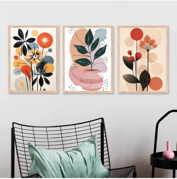 Wooden_Contemporary_Abstract_Botanical_Terracotta_Framed_Wall_Art_Set_Of_3