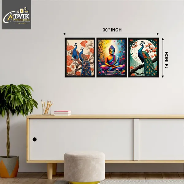 Wooden_Traditional_Peacock_Floral_Framed_Wall_Art_Set_Of_3