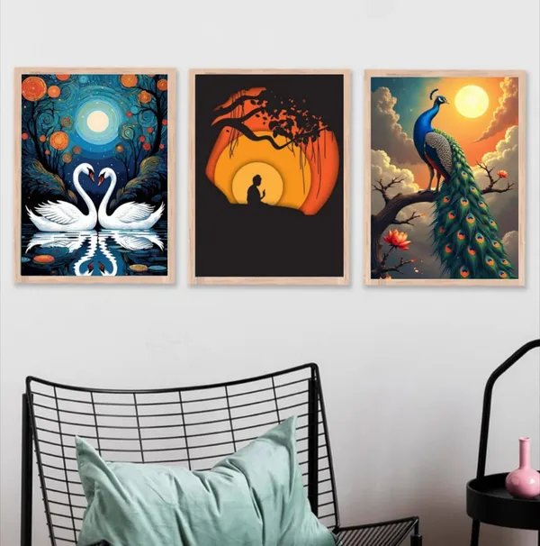 Wooden_Nature_Swan_Peacock_Sunset_Framed_Wall_Art_Set_Of_3